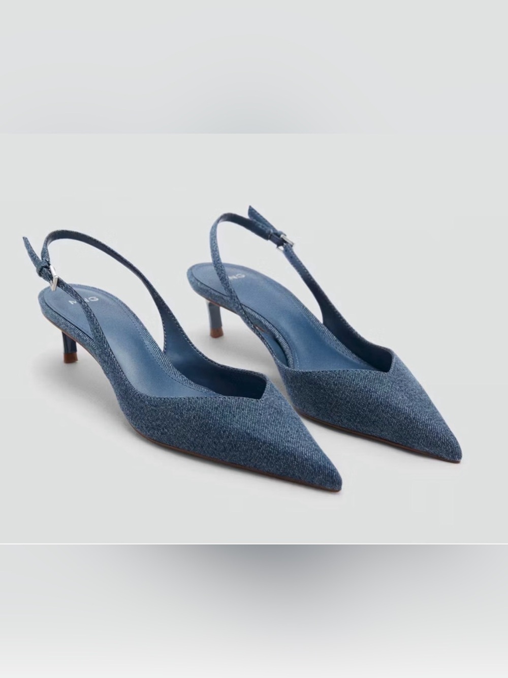 NWT MANGO MNG BLUE DENIM HIGH HEELED KITTEN HEELS SLINGBACK SHOES SZ 38 7.5